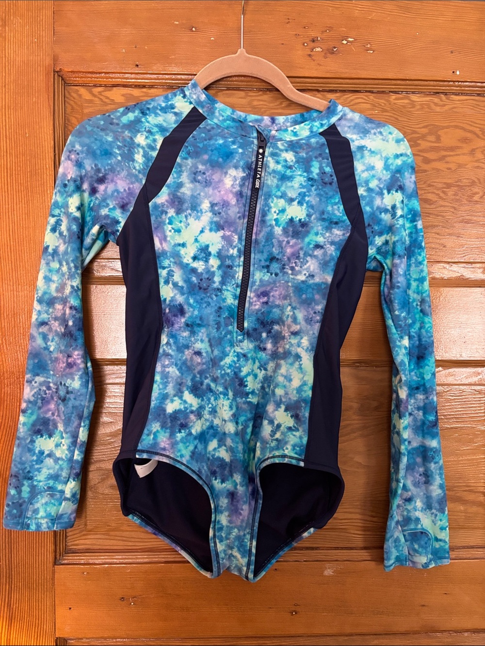 Athleta Girls Long-Sleeve One-Piece Swimsuit in Blue Tie-Dye with Navy Panels